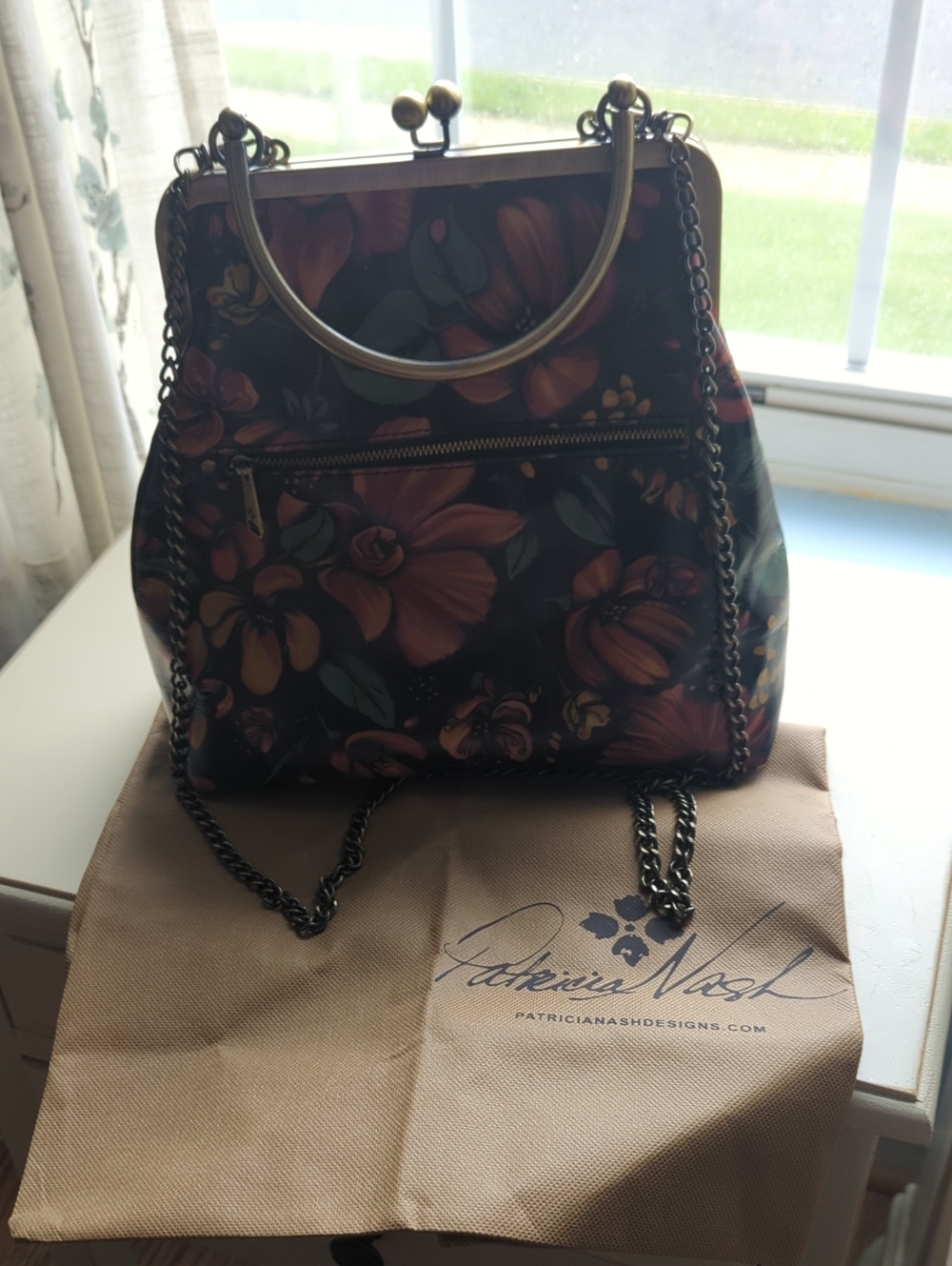 Patricia Nash Black Floral Frame-Top Shoulder Bag with Bronze Chains